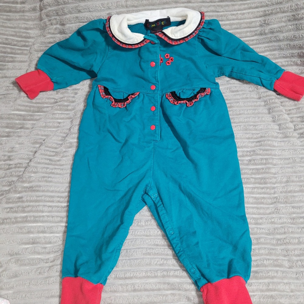 Vintage Gymboree Infant Teal Cotton Romper Floral Ruffle Peter Pan Collar 90s